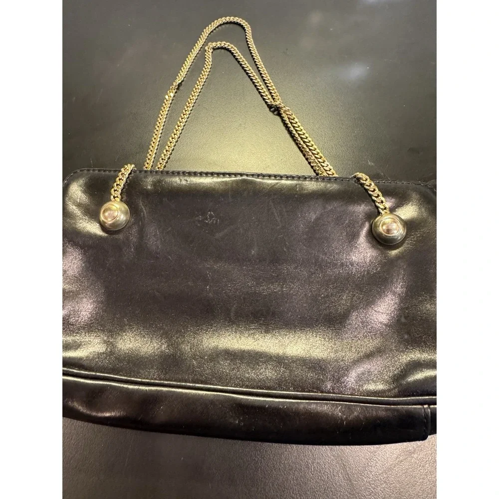 Vintage Black‎ Leather Franchi Handbag Double Gold Chain Handles Clasp